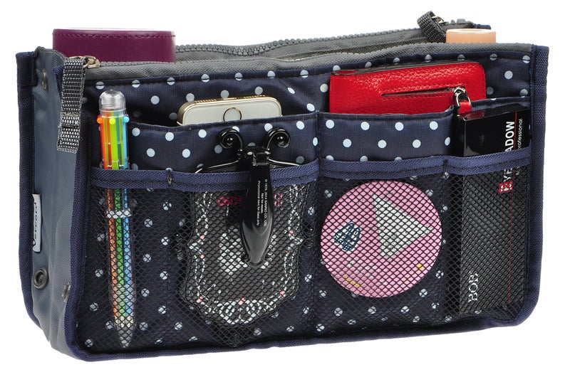 Vercord Purse Organizer Insert for Handbags Bag Organizers Inside Tote Pocketbook Women Nurse Nylon 13 Pockets Navy Blue Dot Medium - Image 1